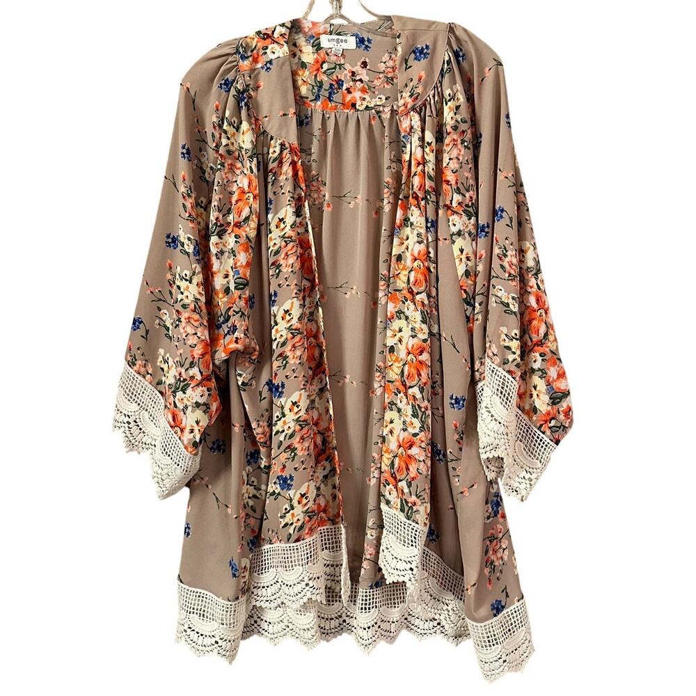 Umgee Floral Crochet Trim Kimono Jacket in Taupe with Orange & Blue Flowers